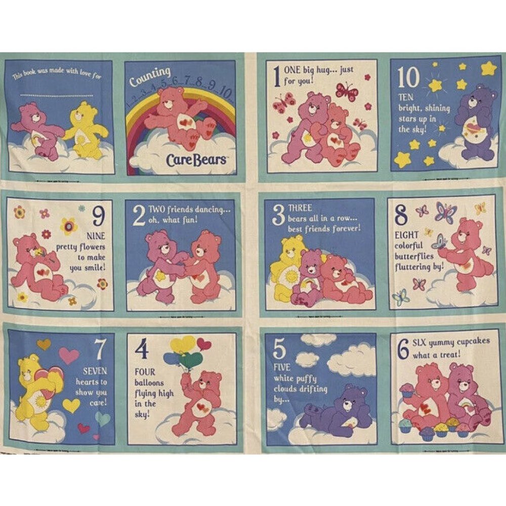 VIP Cranston Vintage Care Bears Counting Screen Print Fabric Book Panels CUT